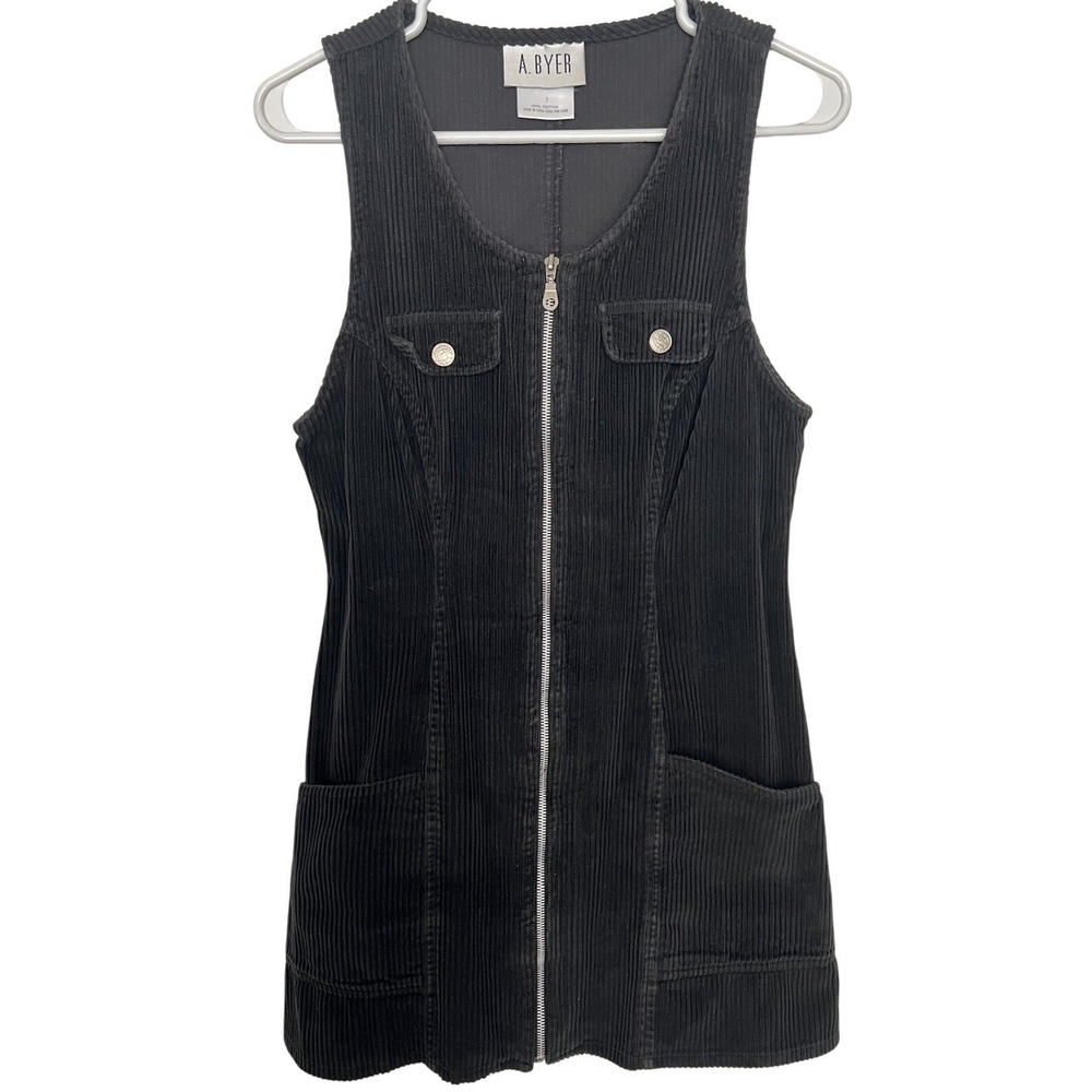 A. Byer Juniors Size 7 Black Corduroy Full Zip Mini Dress Sleeveless Pockets